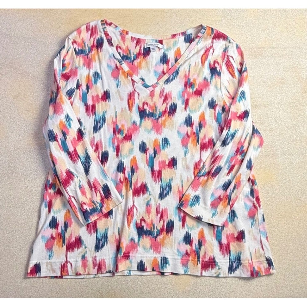 Chicos Pima Cotton V-Neck Top XL 3 Abstract Ikat Print 3/4 Sleeve-2470